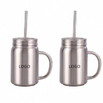 Insulated Stainless Steel Mason Jar Mugs With Handle and Straw